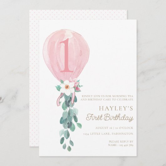Pink Balloon Erster Geburtstag Einladung (Vorne/Hinten)