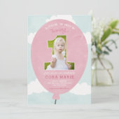 Pink Balloon Erstgeburtstag Foto Einladung (Stehend Vorderseite)