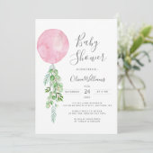 Pink Balloon Eucalyptus Baby Dusche Einladung (Stehend Vorderseite)