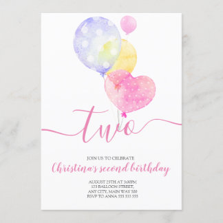 Pink Balloon Girl 2. Geburtstag 2. Geburtstag 2. G Einladung