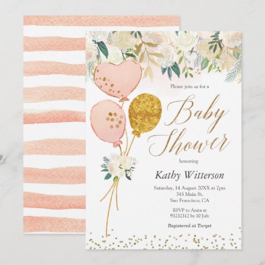 Pink Balloon Girl Baby Shower Einladung (Vorne/Hinten)