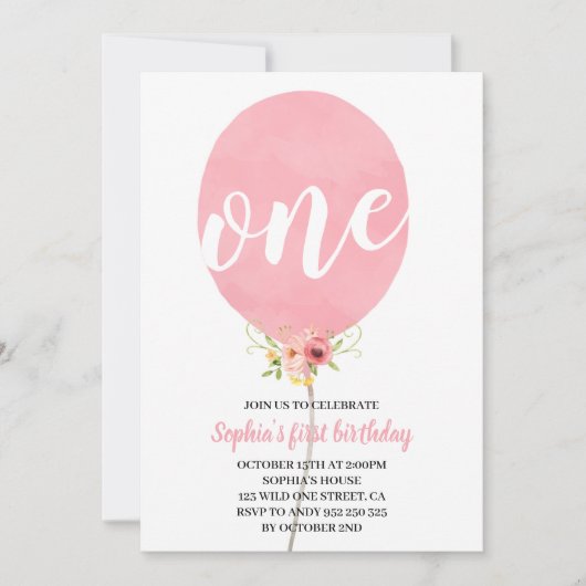 Pink Balloon Girl Erster Geburtstag Einladung (Vorderseite)