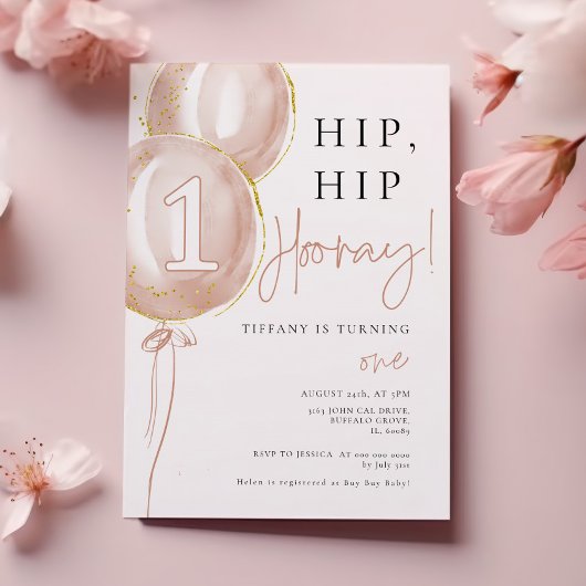 Pink Balloon Girl Erster Geburtstag Einladung