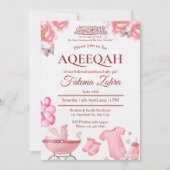 Pink Balloon Stroller Baby Girl Muslim Aqiqah Einladung (Vorderseite)