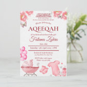 Pink Balloon Stroller Baby Girl Muslim Aqiqah Einladung (Stehend Vorderseite)