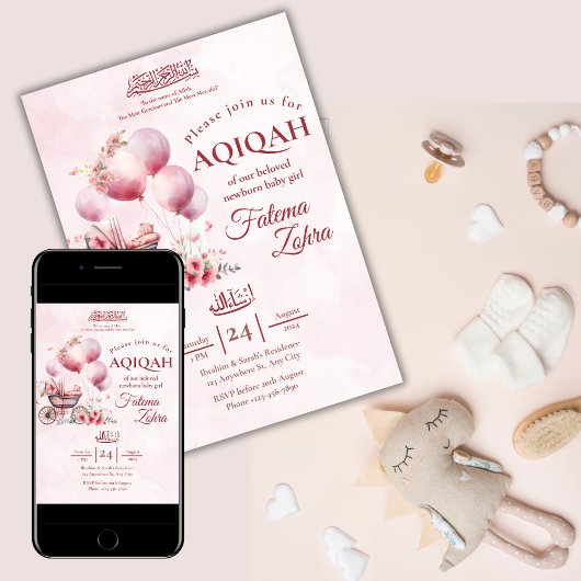 Pink Balloon Stroller Baby Girl Muslim Aqiqah Einladung