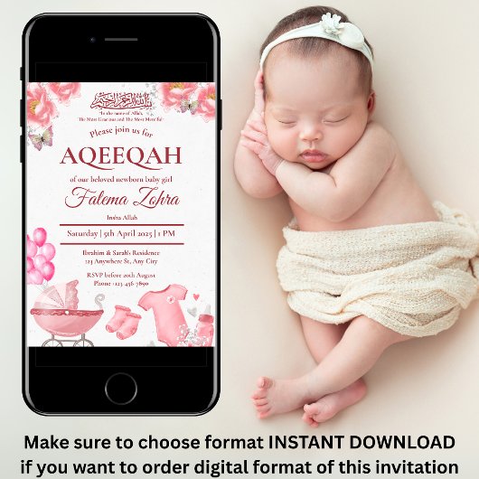 Pink Balloon Stroller Baby Girl Muslim Aqiqah Einladung