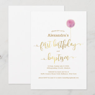 Pink Balloon Taufe & 1. Geburtstag Gold Script Einladung