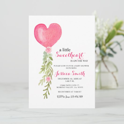 Pink Balloon Valentine Baby Dusche Einladung für M (Stehend Vorderseite)