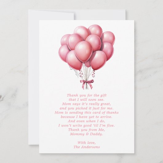 Pink Balloon Watercolor Girl Babydusche Danke (Vorderseite)
