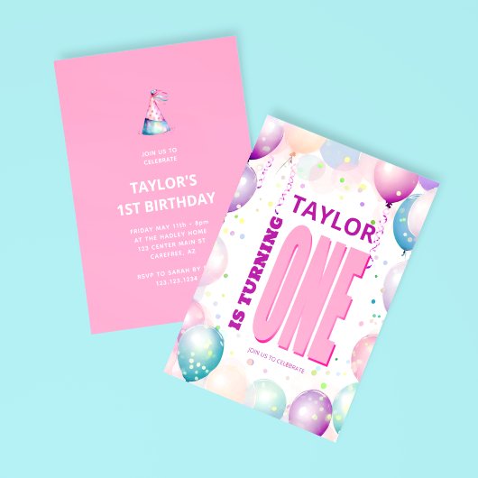 Pink Balloons 1. Geburtstag Einladung