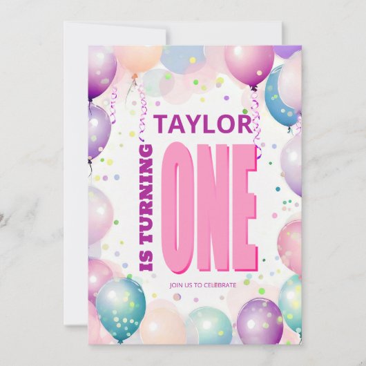 Pink Balloons 1. Geburtstag Einladung (Vorderseite)
