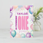 Pink Balloons 1. Geburtstag Einladung (Stehend Vorderseite)