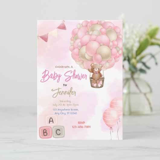 Pink Balloons Babydusche Einladung (Stehend Vorderseite)