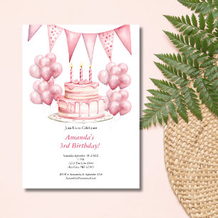 Pink Balloons Birthday Cake Banner Girl 3. Geburts Einladung