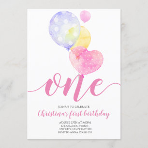 Pink Balloons Girl Erster Geburtstag 1. Geburtstag Einladung