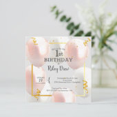 Pink Balloons Girl's 1. Geburtstag Einladung (Stehend Vorderseite)