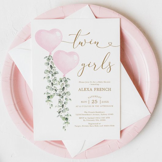 Pink Balloons Greenery Twin Girls Sweetheart Baby Einladung