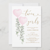 Pink Balloons Greenery Twin Girls Sweetheart Baby Einladung (Vorderseite)