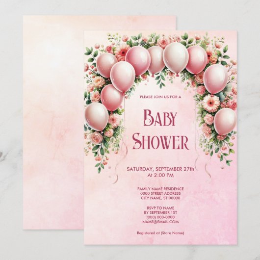 Pink Balloons Kinderdusche Einladung (Vorne/Hinten)