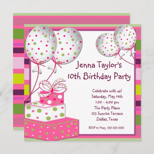 Pink Balloons präsentiert Girls Birthday Party Einladung (Vorne/Hinten)