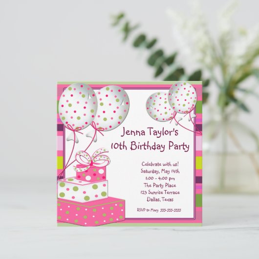 Pink Balloons präsentiert Girls Birthday Party Einladung (Stehend Vorderseite)