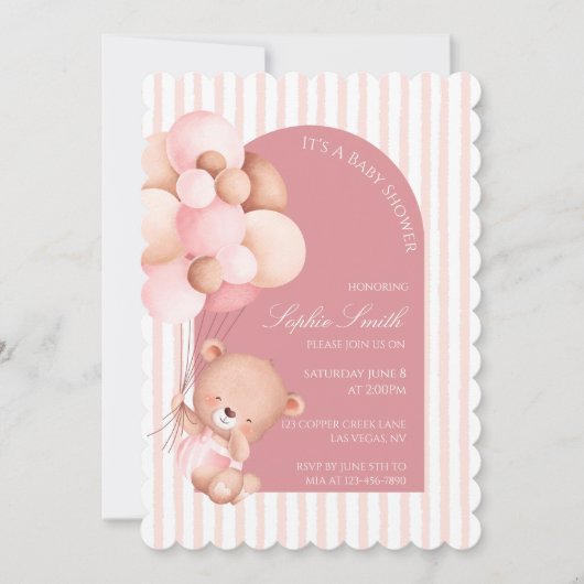 Pink Balloons, Stripes Bloom Baby Shower Scalloped Einladung (Vorderseite)
