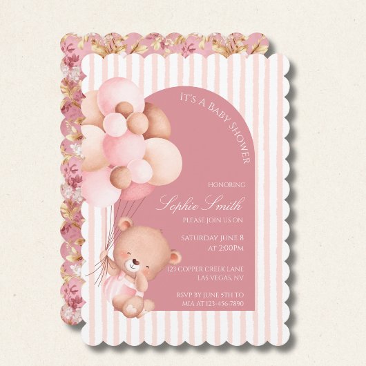 Pink Balloons, Stripes Bloom Baby Shower Scalloped Einladung