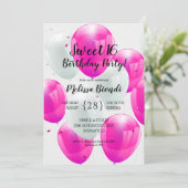 Pink Balloons Sweet 16. Geburtstagsparty Einladung (Stehend Vorderseite)