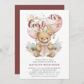 Pink Balloons Teddy Bear Floral Girl Babydusche Einladung (Vorne/Hinten)
