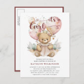 Pink Balloons Teddy Bear Floral Girl Babydusche Einladungspostkarte (Vorne/Hinten)
