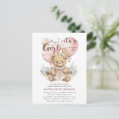 Pink Balloons Teddy Bear Floral Girl Babydusche Einladungspostkarte (Stehend Vorderseite)