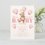 Pink Balloons Teddy Bear Girl Modern Baby Dusche Einladung (Stehend Vorderseite)