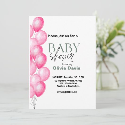 Pink Baloon Kinderdusche Einladung (Stehend Vorderseite)