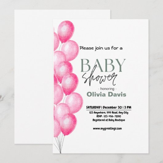 Pink Baloon Kinderdusche Einladung (Vorne/Hinten)