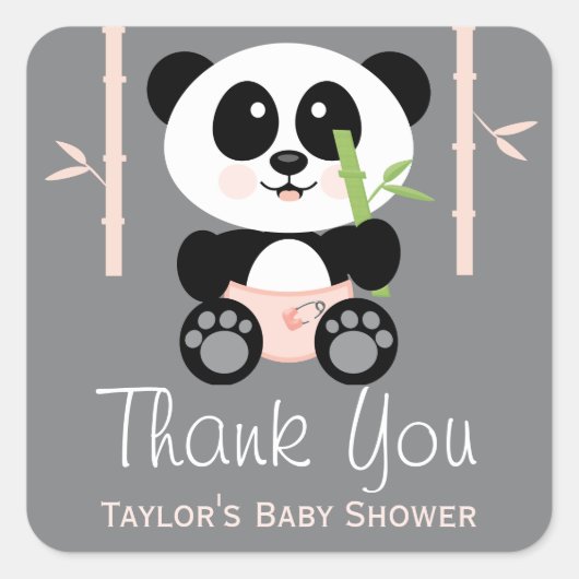 PInk Bamboo Panda Baby Dusche Danke Stickers (Vorderseite)