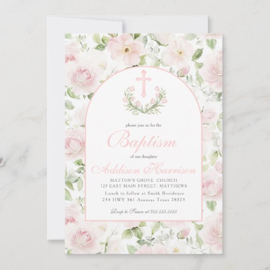 Pink Baptism Invitation, Girl Baptism, Einladung (Vorderseite)