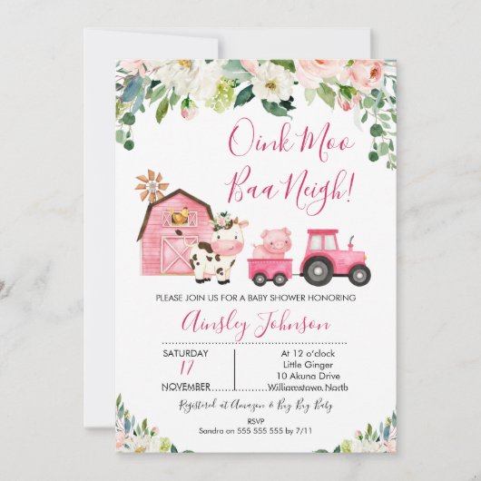 Pink Barn Farm Farmyard Animals Baby Dusche Einladung (Vorderseite)