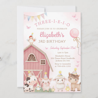 Pink Barnyard Farm Animal Three-i-e-i-o Birthday  Einladung