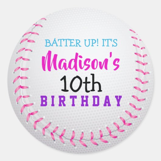 PINK BASEBALL Geburtstagspartikett Runder Aufkleber (Vorderseite)