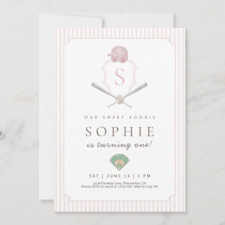 Pink Baseball Preppy Wappen Erster Geburtstag einl Dankeskarte