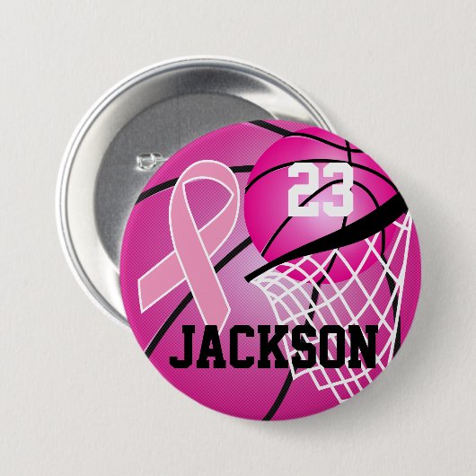 Pink Basketball Design Cancer Awareness Support Button (Vorne & Hinten)
