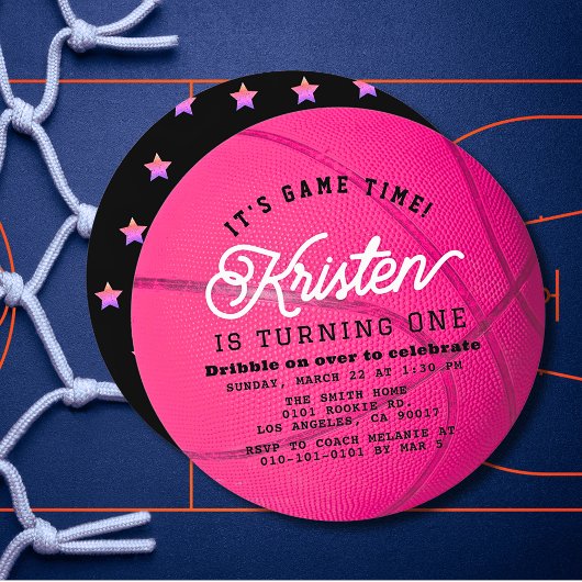 Pink Basketball Shape Girl 1st Birthday Circle Einladung