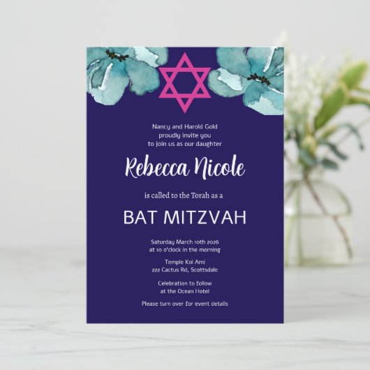 Pink Bat Mitzvah QR Code Einladung (Stehend Vorderseite)
