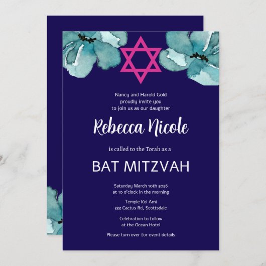 Pink Bat Mitzvah QR Code Einladung (Vorne/Hinten)