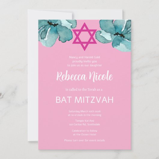 Pink Bat Mitzvah QR Code Einladung (Vorderseite)