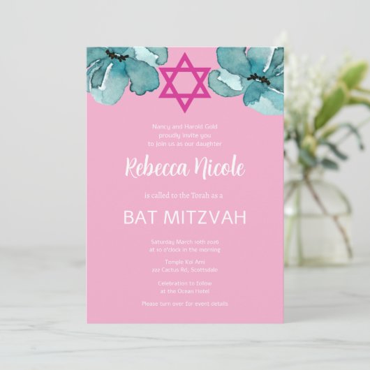 Pink Bat Mitzvah QR Code Einladung (Stehend Vorderseite)