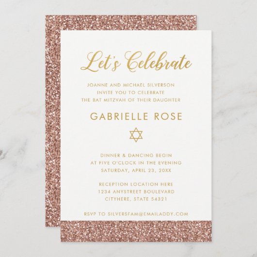 Pink Bat Mitzvah Rose Gold Glitzer Empfang Party Einladung (Vorne/Hinten)
