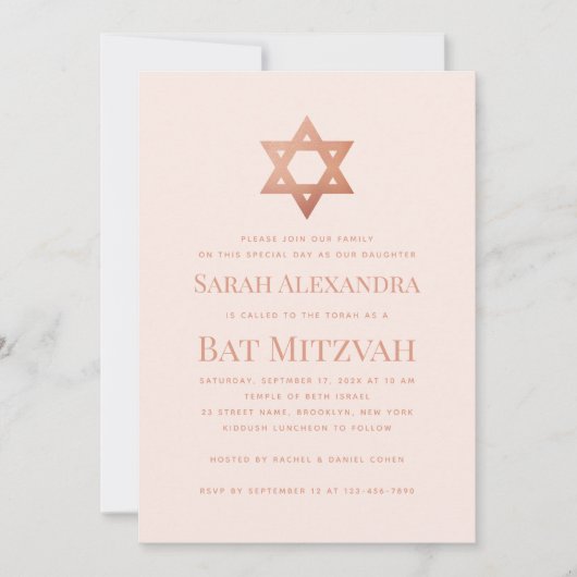 Pink Bat Mitzvah Simple  Rose Gold Star of David  Einladung (Vorderseite)