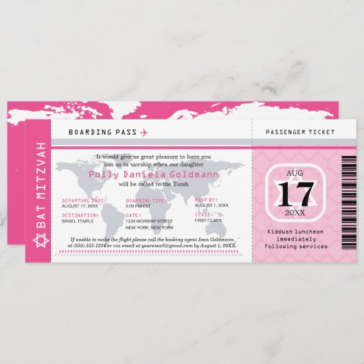 Pink Bat Mitzvah World Traveller Boarding Pass Einladung (Vorne/Hinten)